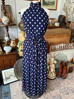 Navy Polka Dot Halter Maxi Dress